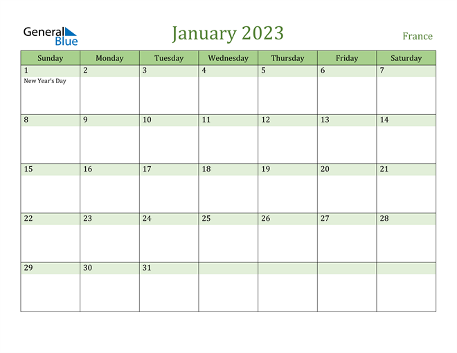 January 2023 Calendar with France Holidays