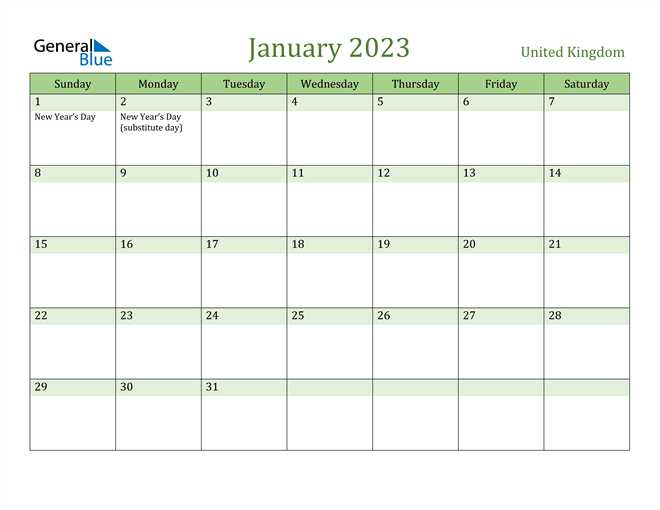 United Kingdom January 2023 Calendar With Holidays