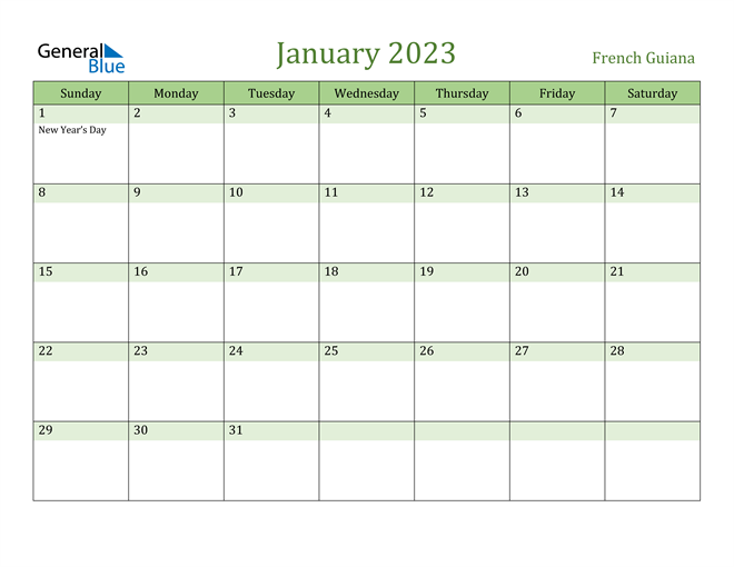 January 2023 Calendar with French Guiana Holidays