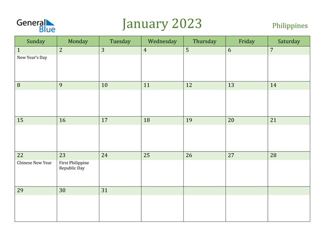January 2023 Calendar With Philippines Holidays