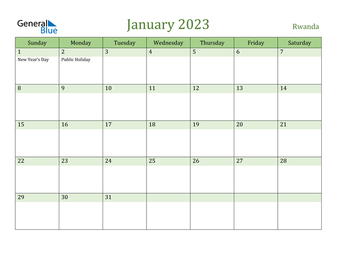 January 2023 Calendar with Rwanda Holidays