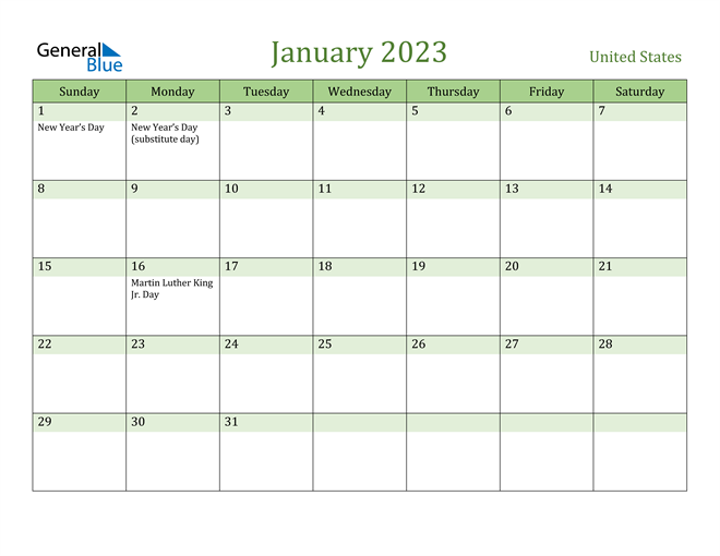 January 2023 Calendar with United States Holidays