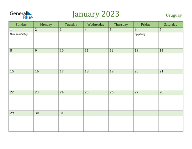 January 2023 Calendar with Uruguay Holidays