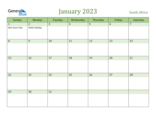 january 2023 calendar with south africa holidays