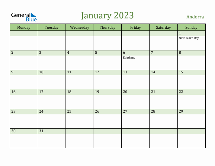 January 2023 Calendar with Andorra Holidays