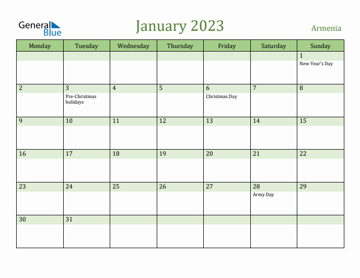 January 2023 Calendar with Armenia Holidays