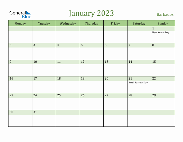 January 2023 Calendar with Barbados Holidays