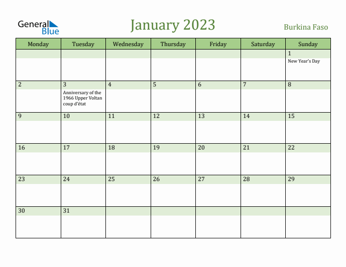 January 2023 Calendar with Burkina Faso Holidays