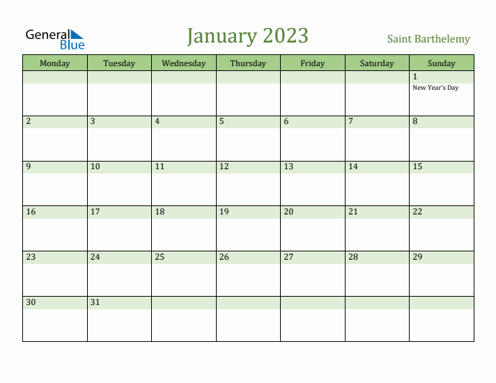 January 2023 Calendar with Saint Barthelemy Holidays