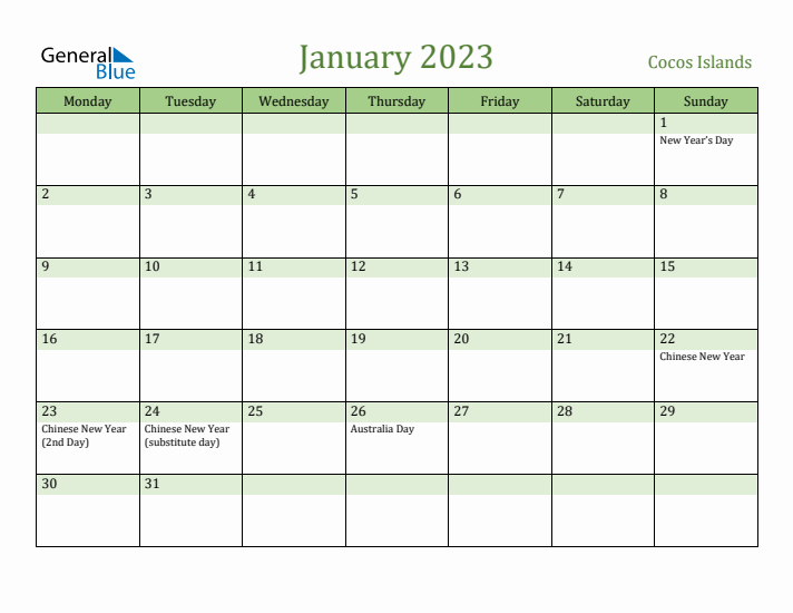 January 2023 Calendar with Cocos Islands Holidays