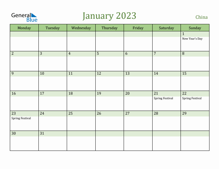 January 2023 Calendar with China Holidays
