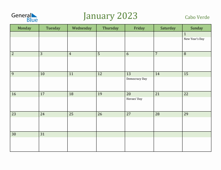 January 2023 Calendar with Cabo Verde Holidays