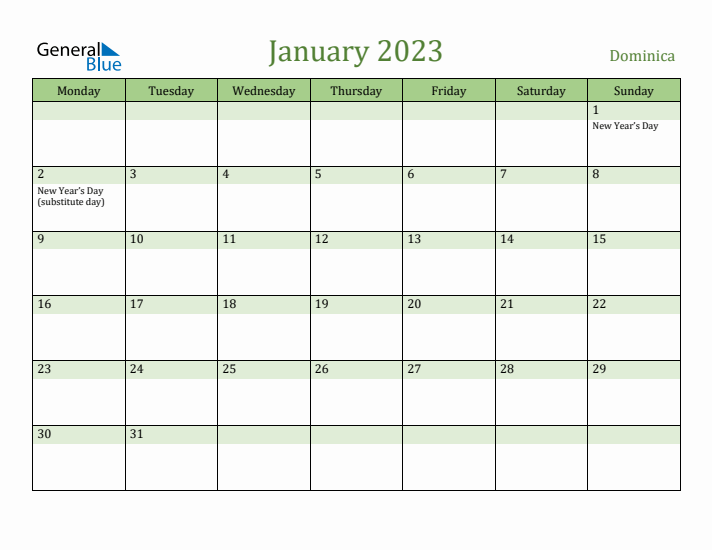 January 2023 Calendar with Dominica Holidays