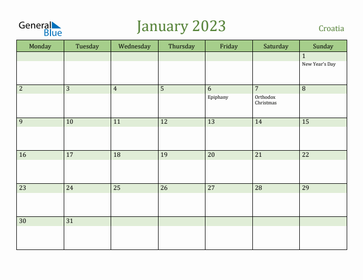 January 2023 Calendar with Croatia Holidays