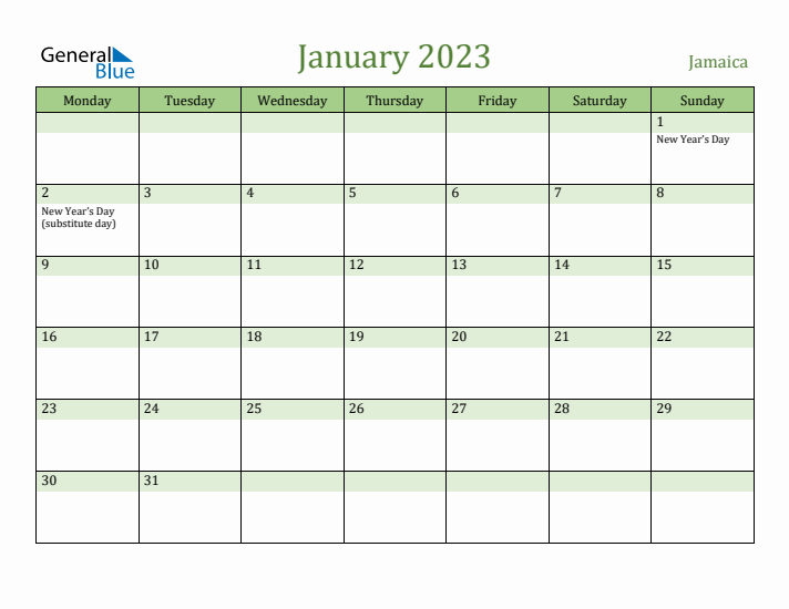 January 2023 Calendar with Jamaica Holidays