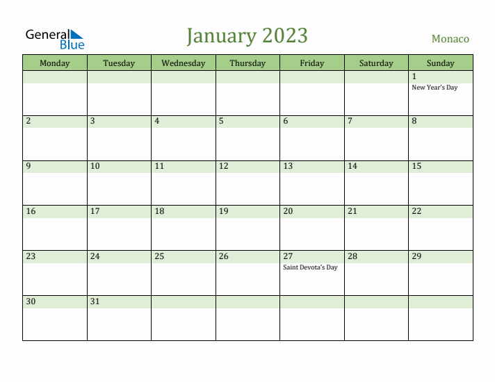 January 2023 Calendar with Monaco Holidays