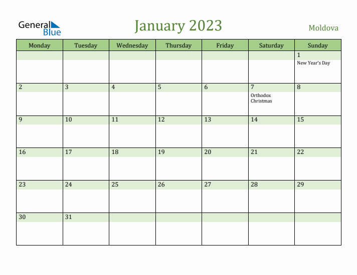 January 2023 Calendar with Moldova Holidays