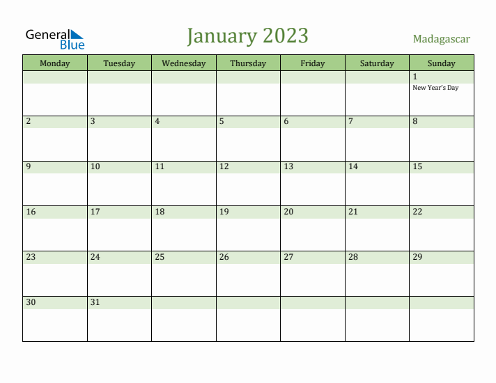 January 2023 Calendar with Madagascar Holidays