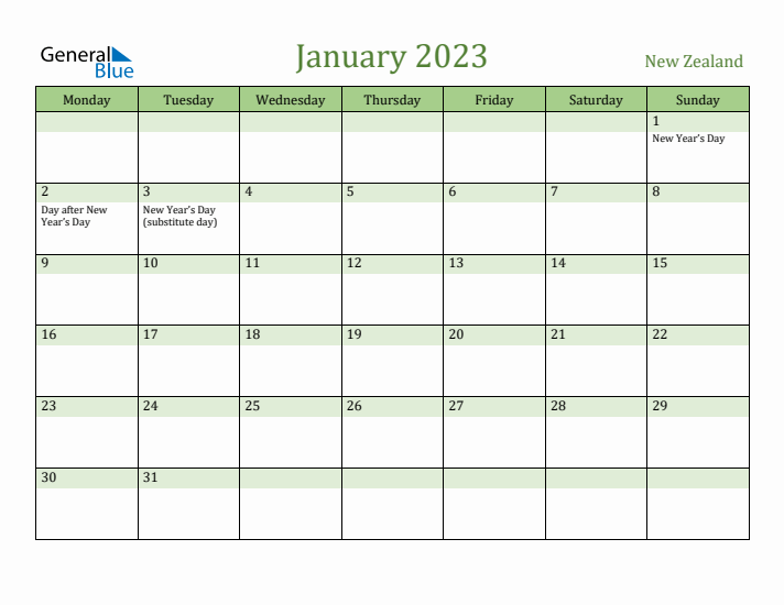 January 2023 Calendar with New Zealand Holidays