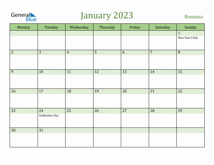 January 2023 Calendar with Romania Holidays