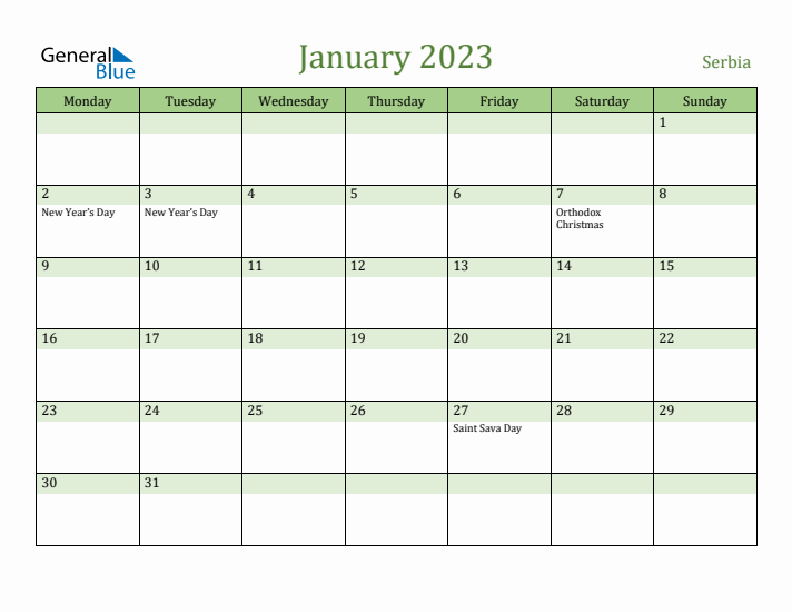 January 2023 Calendar with Serbia Holidays