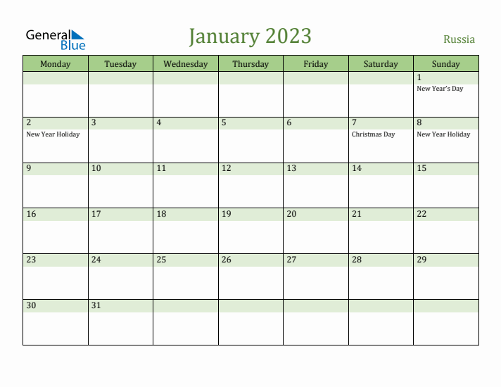 January 2023 Calendar with Russia Holidays