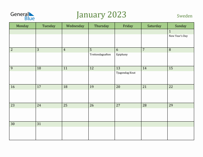 January 2023 Calendar with Sweden Holidays