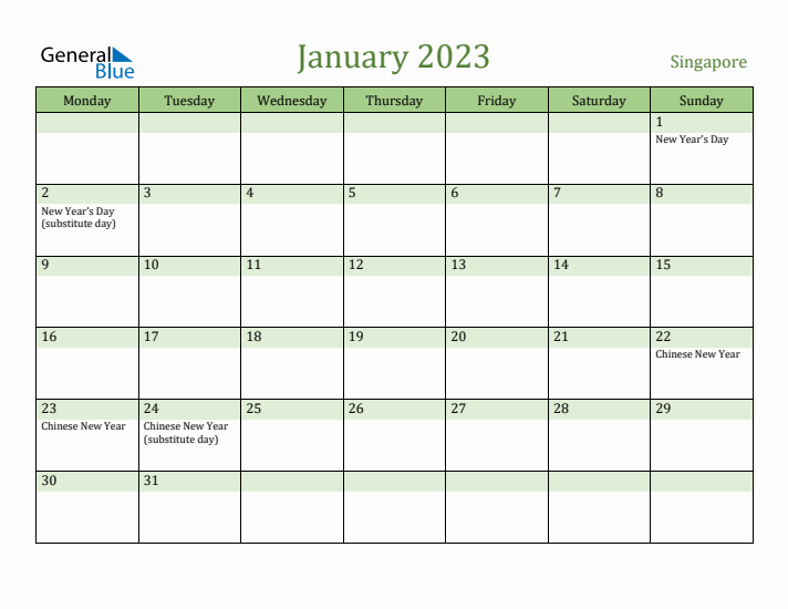 January 2023 Calendar with Singapore Holidays