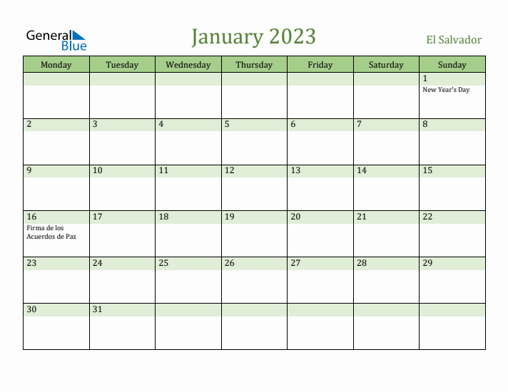 January 2023 Calendar with El Salvador Holidays