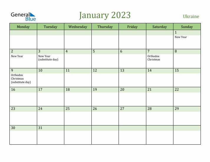 January 2023 Calendar with Ukraine Holidays