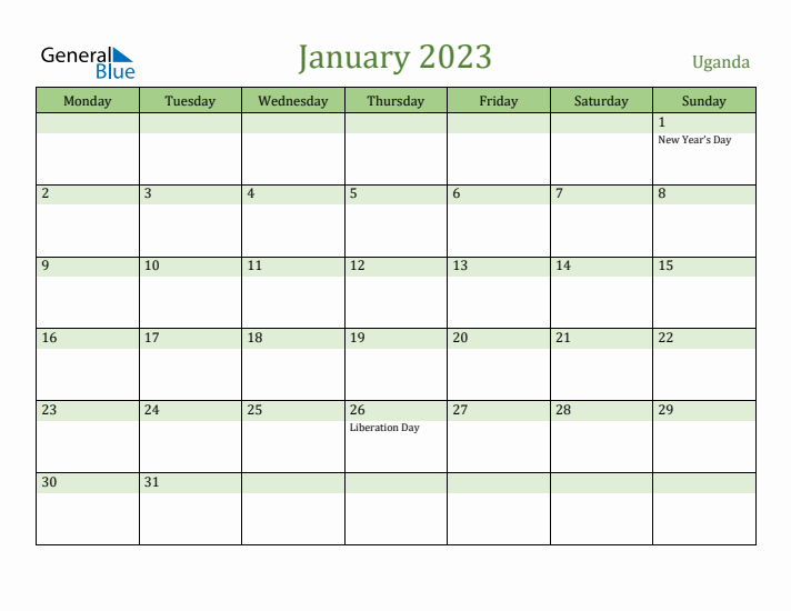 January 2023 Calendar with Uganda Holidays