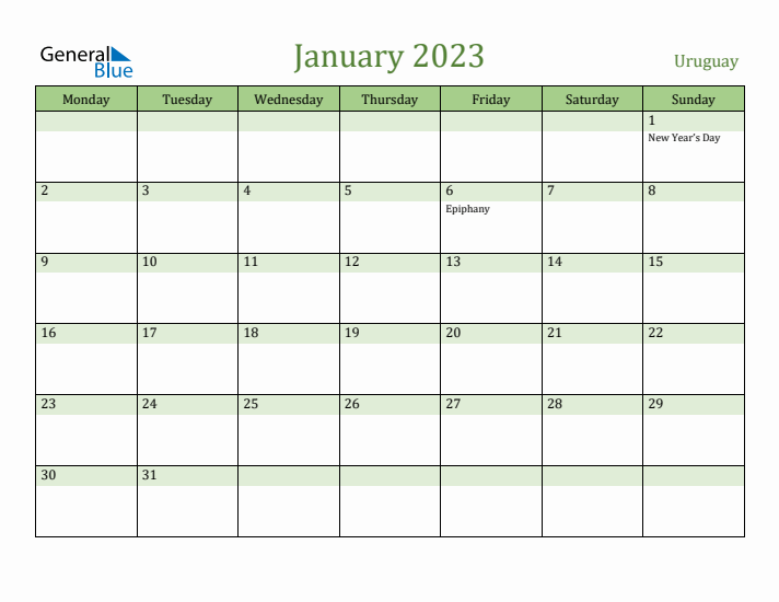 January 2023 Calendar with Uruguay Holidays