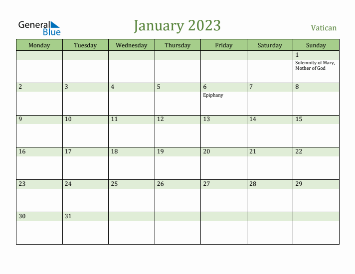 January 2023 Calendar with Vatican Holidays