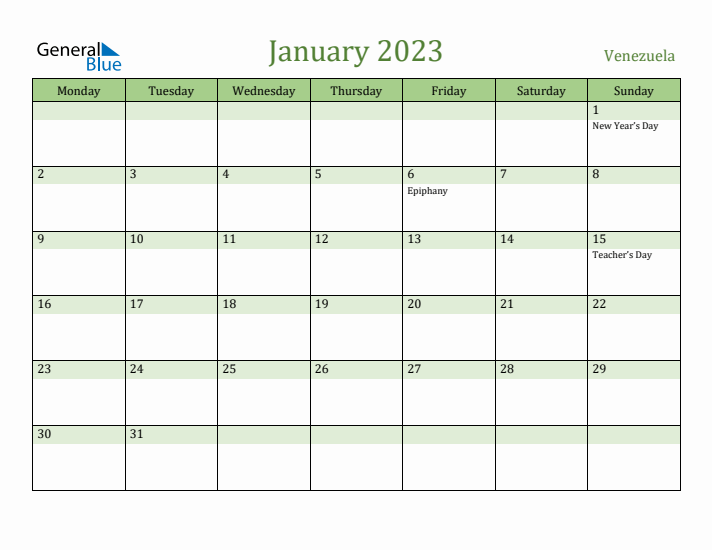 January 2023 Calendar with Venezuela Holidays