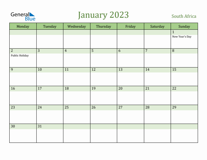 January 2023 Calendar with South Africa Holidays