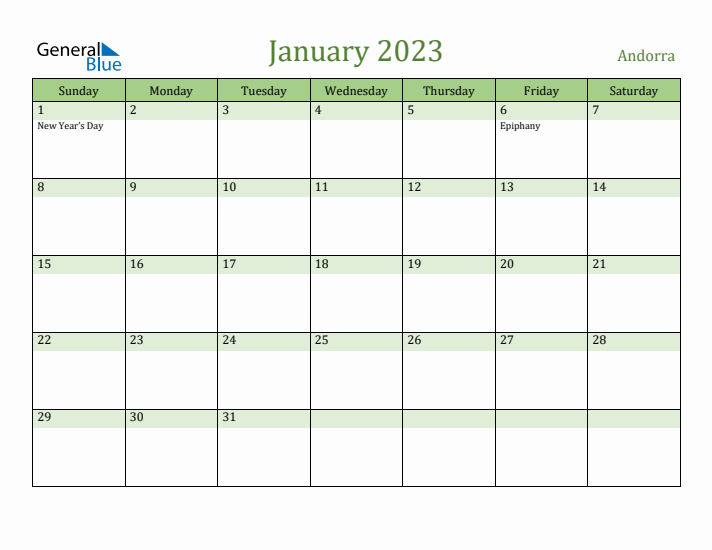 January 2023 Calendar with Andorra Holidays