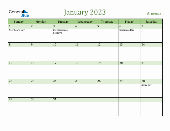 January 2023 Calendar with Armenia Holidays