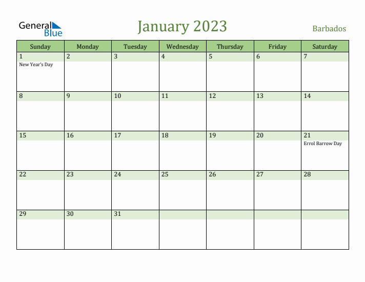 January 2023 Calendar with Barbados Holidays
