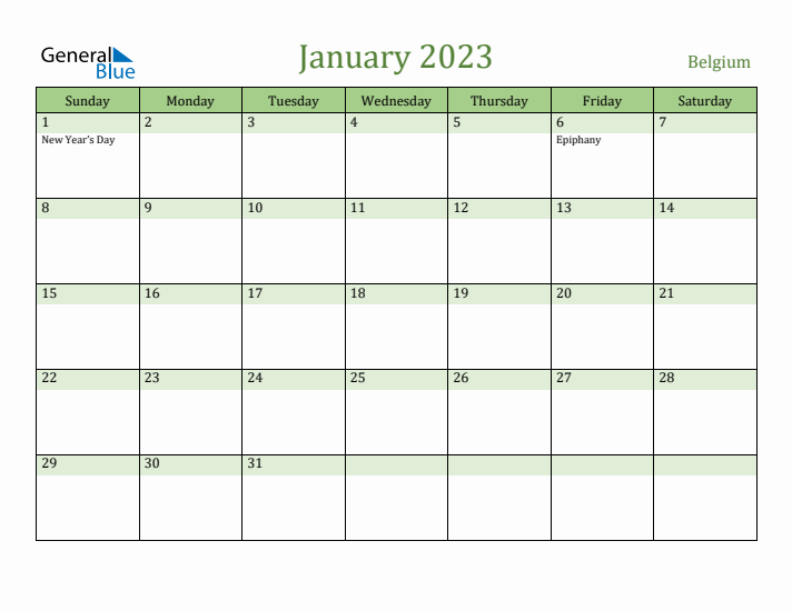 January 2023 Calendar with Belgium Holidays