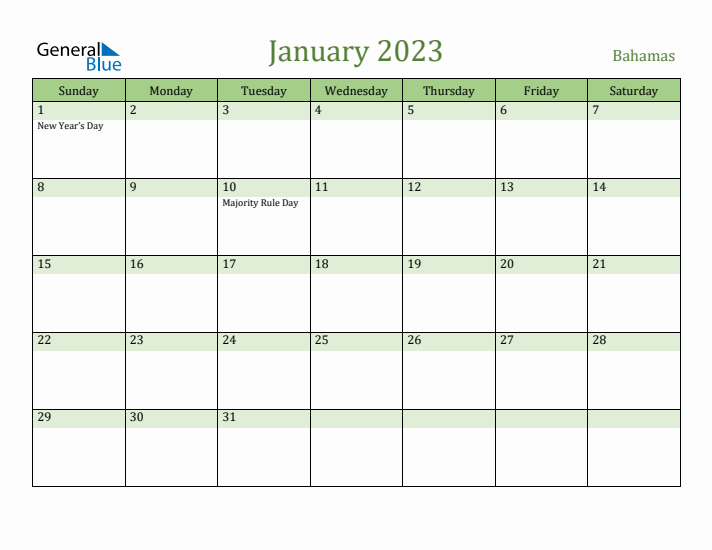 January 2023 Calendar with Bahamas Holidays