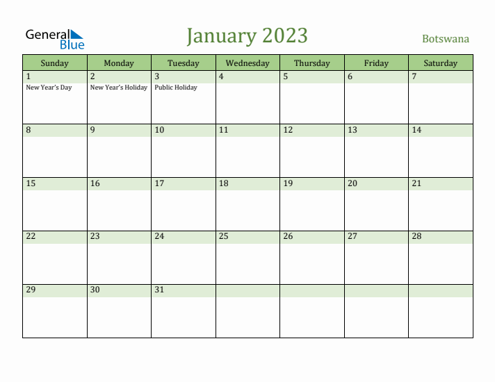 January 2023 Calendar with Botswana Holidays