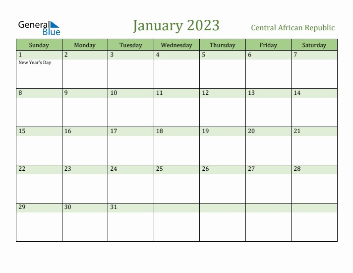 January 2023 Calendar with Central African Republic Holidays