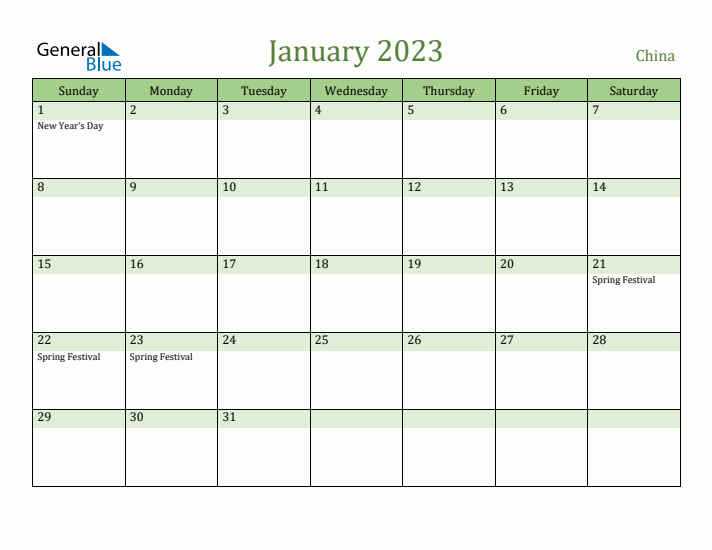 January 2023 Calendar with China Holidays