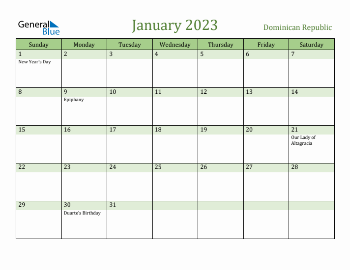 January 2023 Calendar with Dominican Republic Holidays
