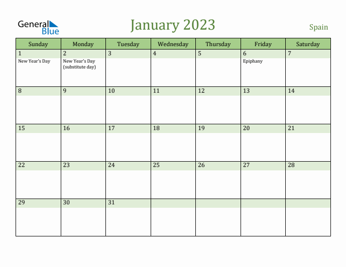 January 2023 Calendar with Spain Holidays