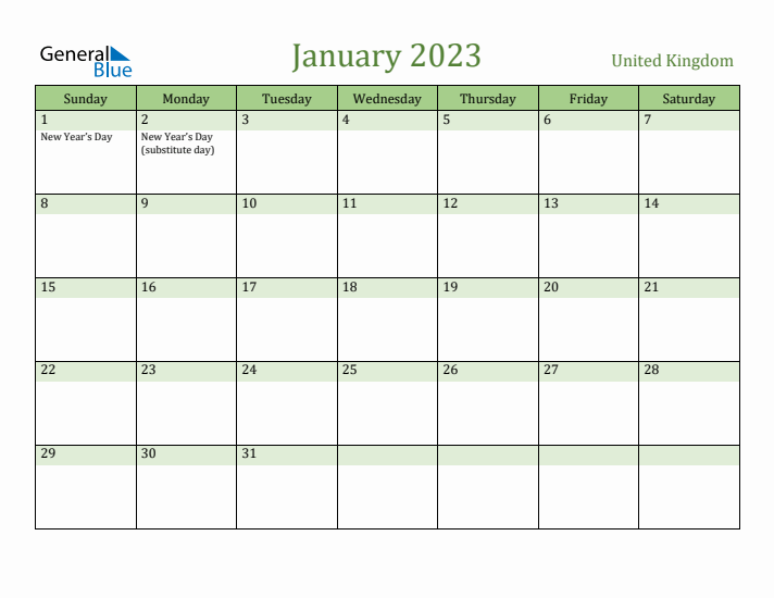 January 2023 Calendar with United Kingdom Holidays