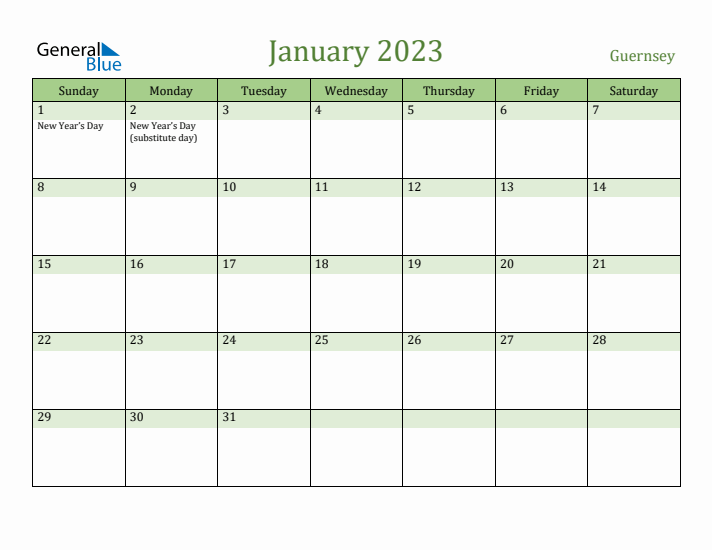 January 2023 Calendar with Guernsey Holidays