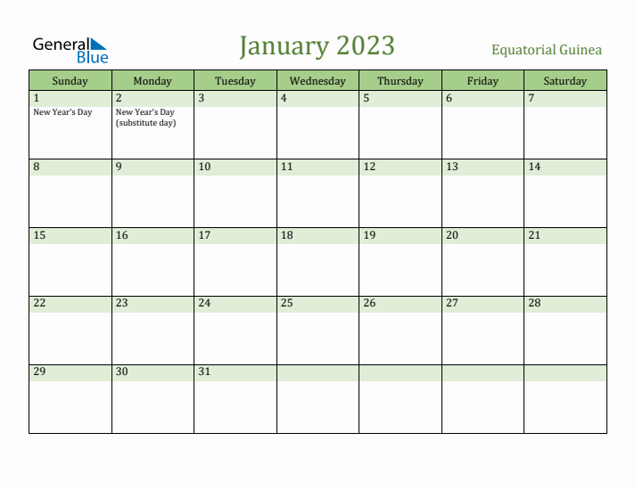 January 2023 Calendar with Equatorial Guinea Holidays