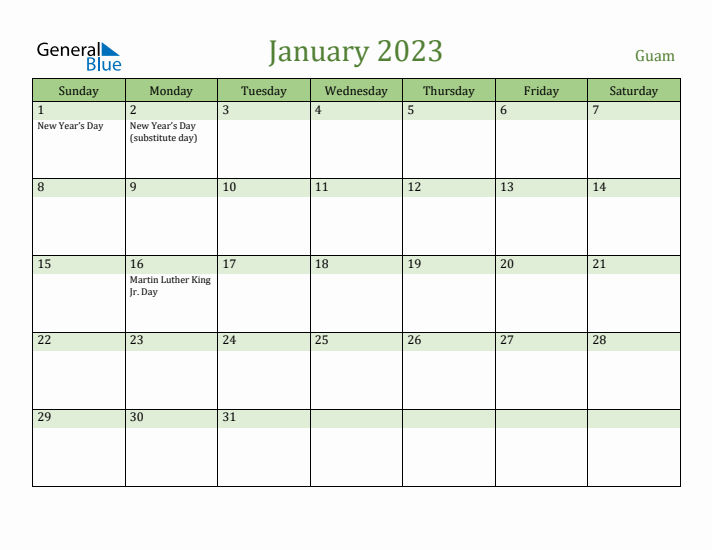 January 2023 Calendar with Guam Holidays
