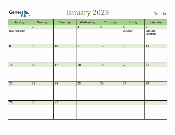 January 2023 Calendar with Croatia Holidays